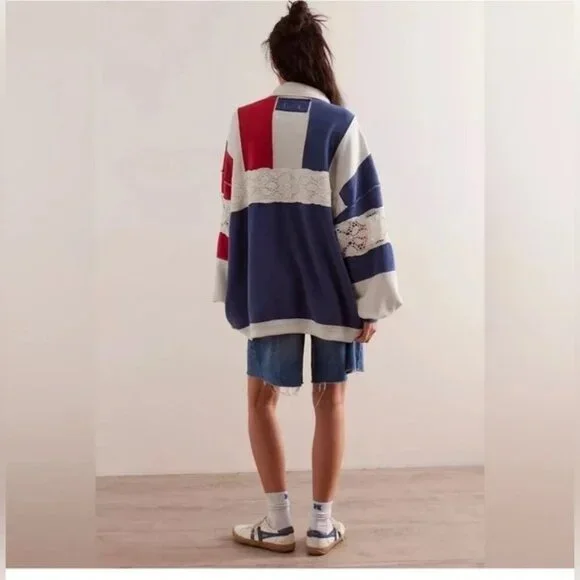 Free People We the Free American Dream Polo Pullover Size XL Oversized - Picture 3 of 7